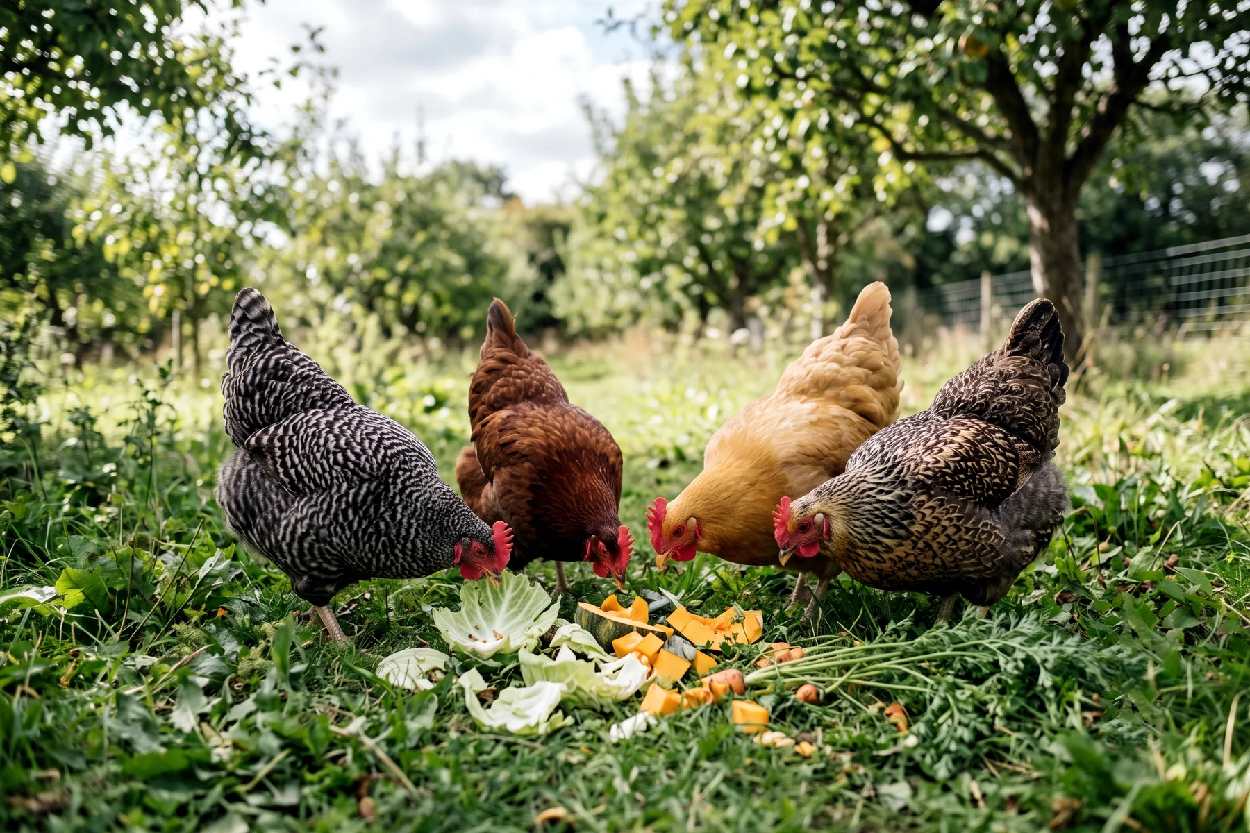 Poules picorant des épluchures de légumes déposées sur l'herbe d'un parcours