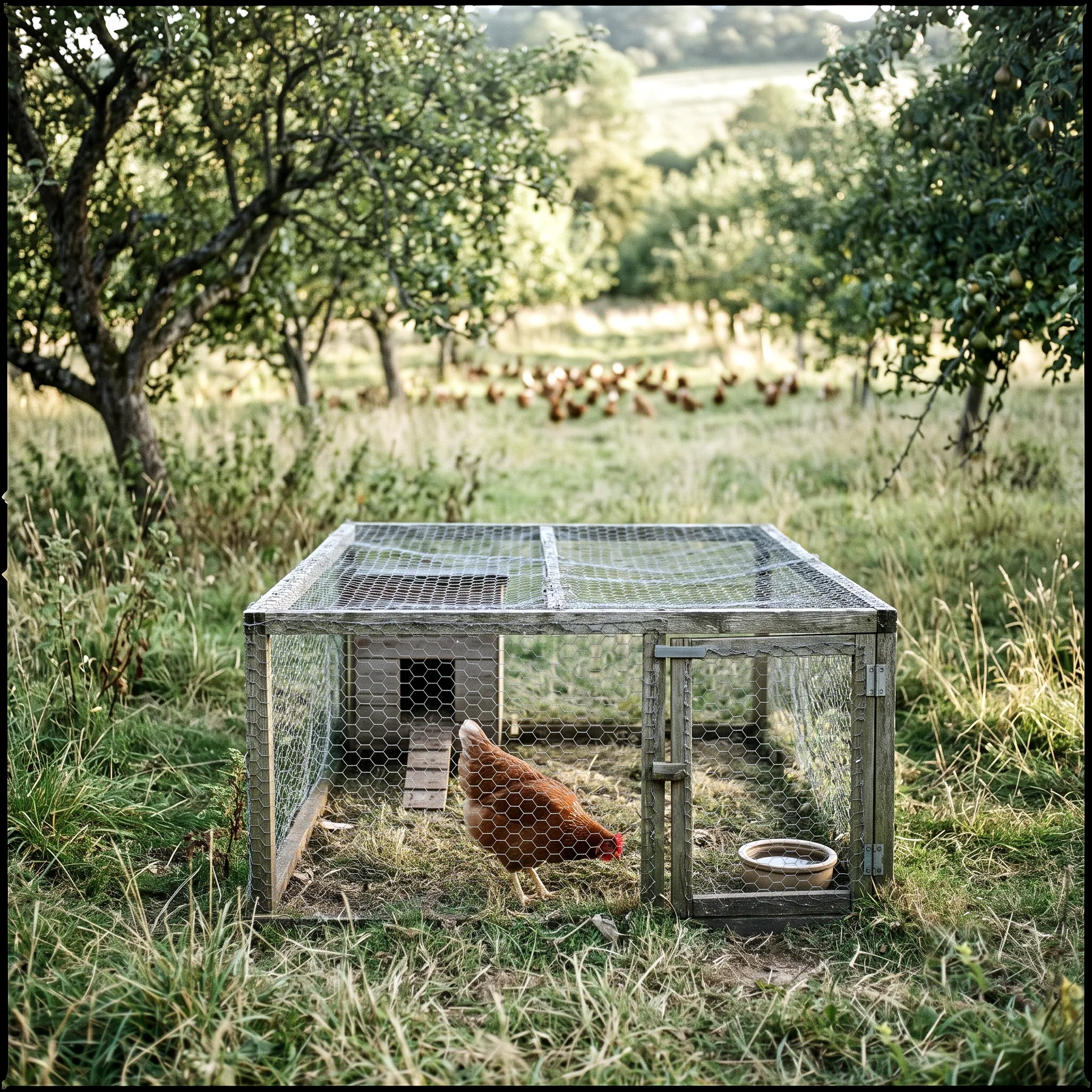 Nouvelle poule en quarantaine dans un enclos séparé, à distance du reste du troupeau