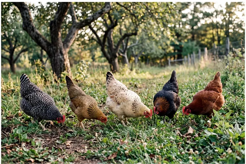Troupeau de poules de races différentes — rousse, tricolore et noire cuivrée — dans un verger