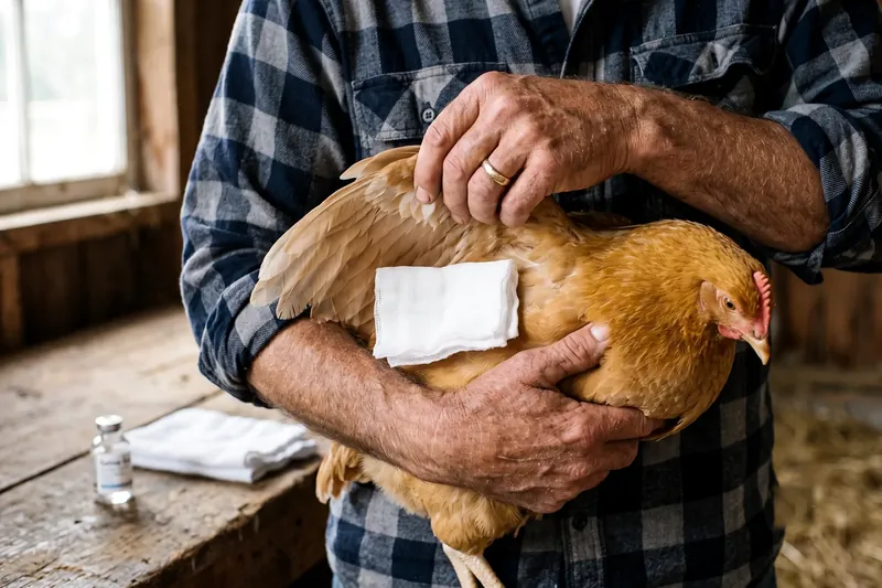Soin d'une plaie sous l'aile d'une poule, nettoyage à la compresse et à l'antiseptique