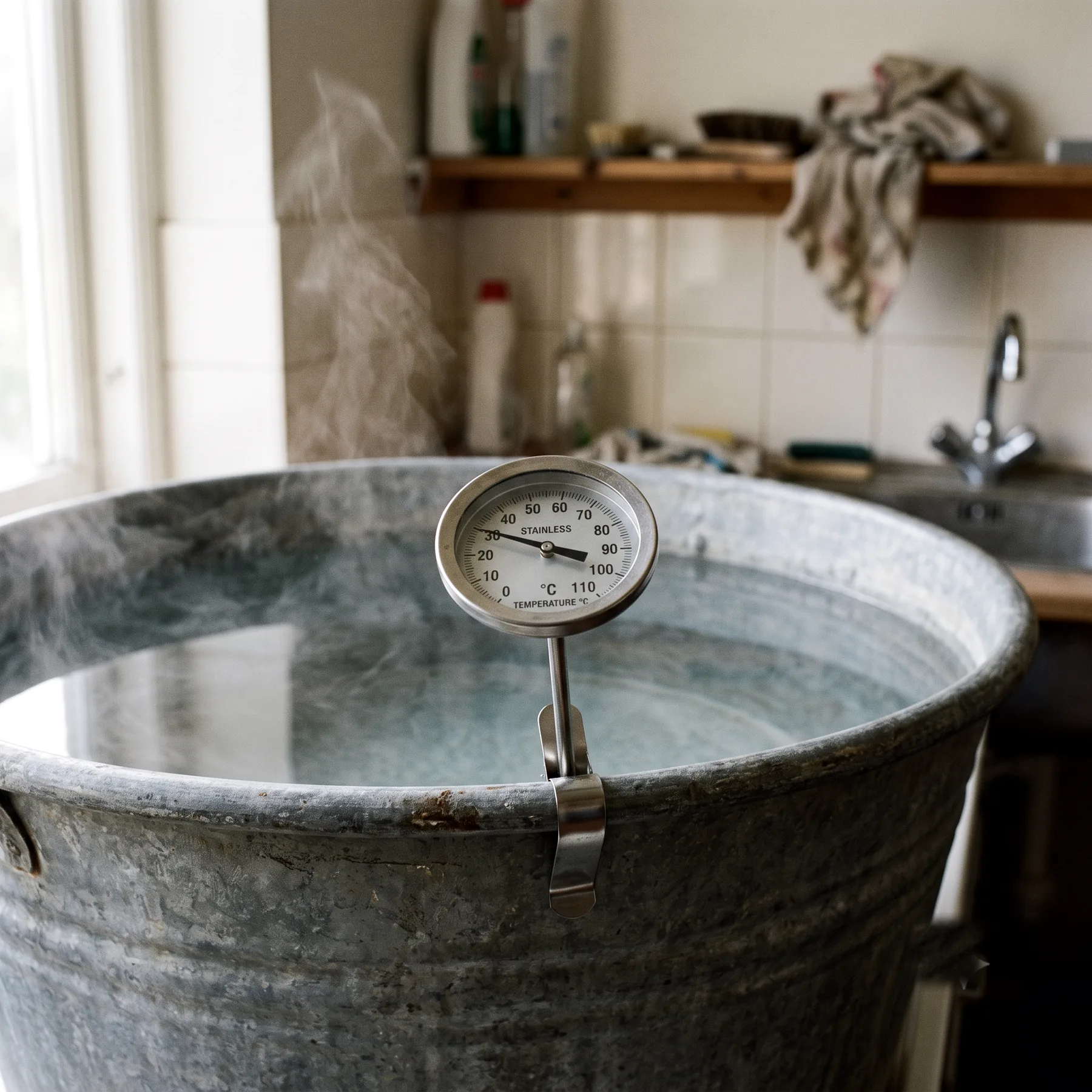 Thermomètre de cuisine plongé dans une bassine d'eau chaude fumante, sans ébullition
