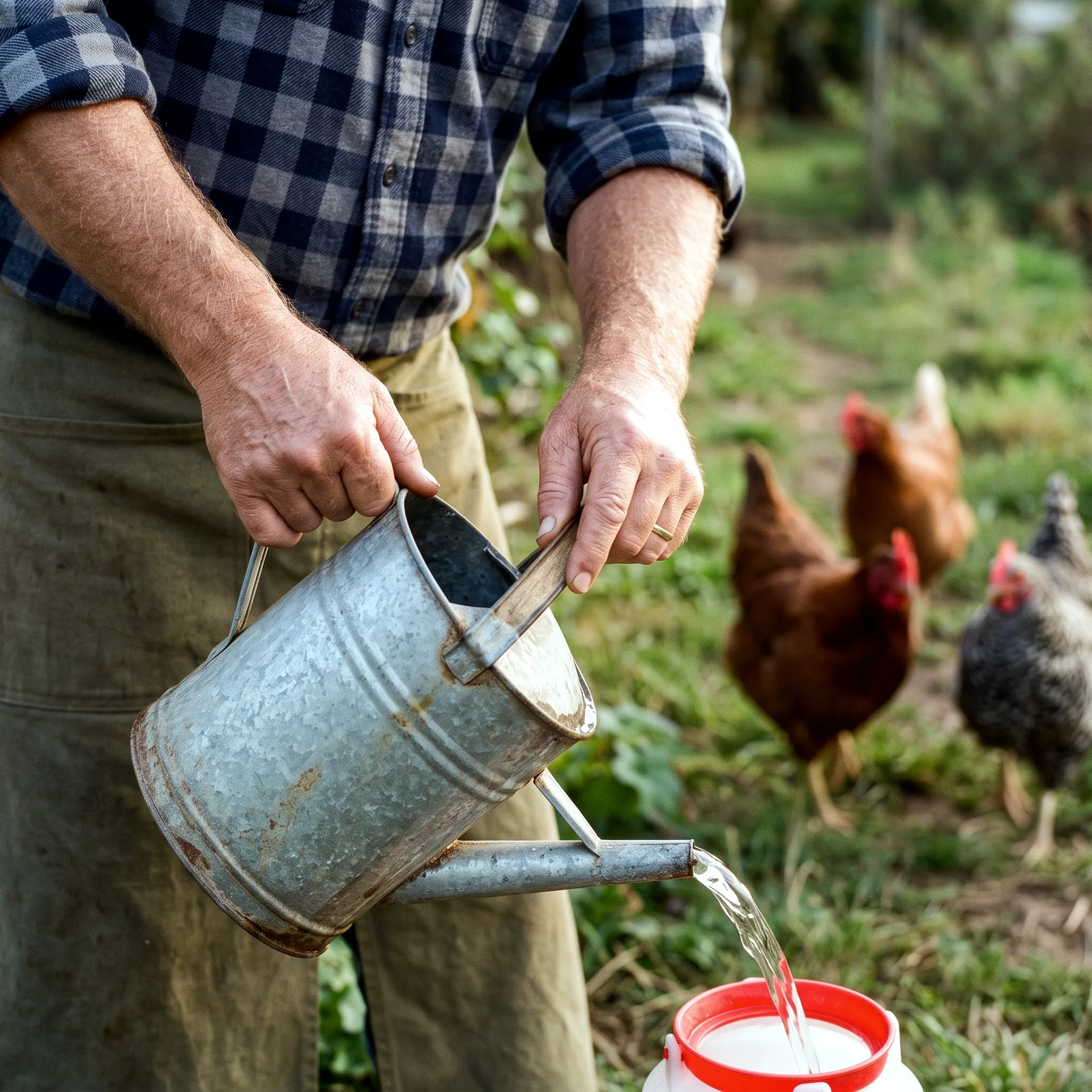 Éleveur remplissant un abreuvoir pour poules avec de l'eau propre
