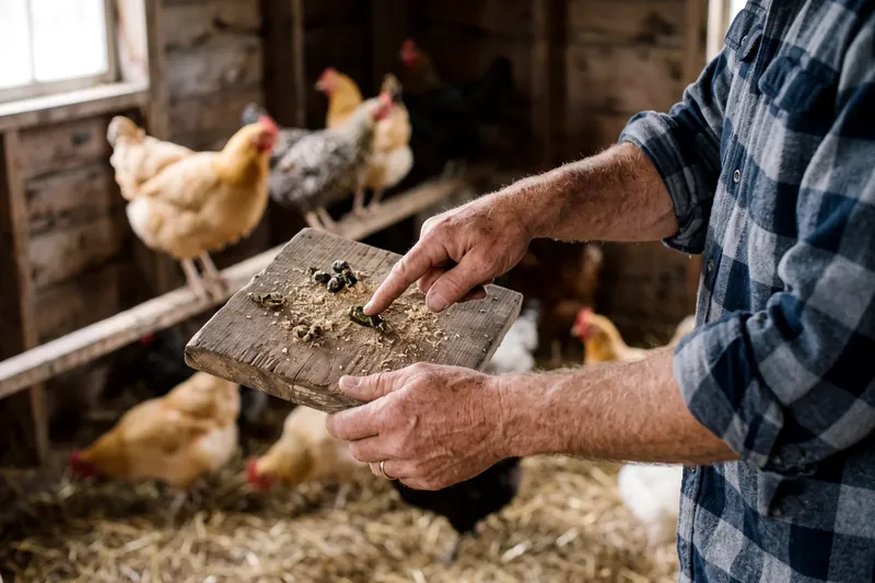 Éleveur examinant des fientes de poule sur une planche pour juger d'une infestation parasitaire