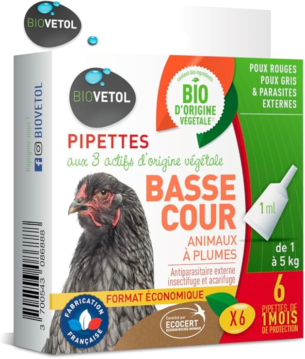 BIOVETOL - Pipettes Antiparasitaires Basse-Cour - Antiparasitaire Bio Certifié Ecocert - Anti-puces, Anti-Tiques (6 pipettes)
