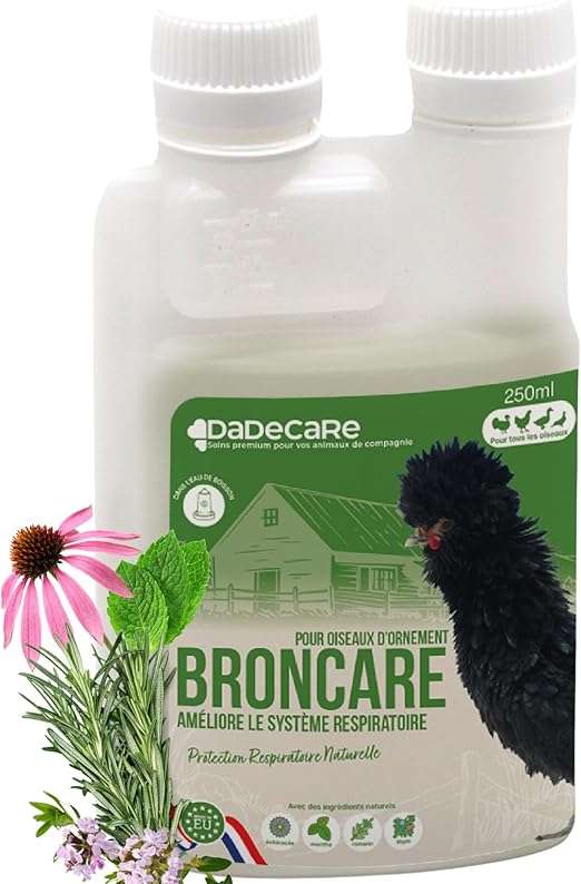 DADECARE Broncare Respiratoire 250 ml avec ADEC - Poules, volailles de volaille et exotiques - Huiles essentielles, renforcement immunitaire et respiratoire - échinacée, menthe, thym et romarin
