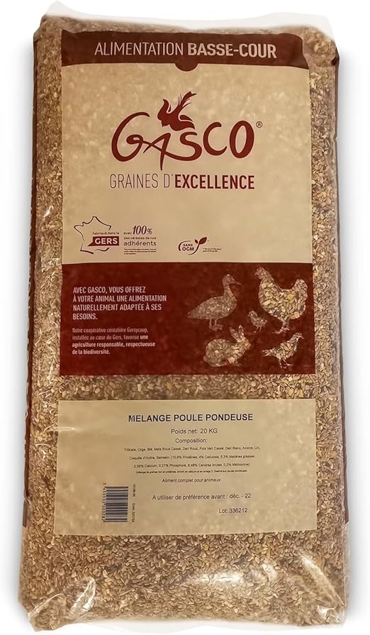 GASCO - Mélange Graines Poules Pondeuses - 11 Matières Premières - Riche en Protéines - Favorise Un Beau Plumage Et La Ponte - sans OGM - Certifié Excellence Gers - Origine France - 20 Kg
