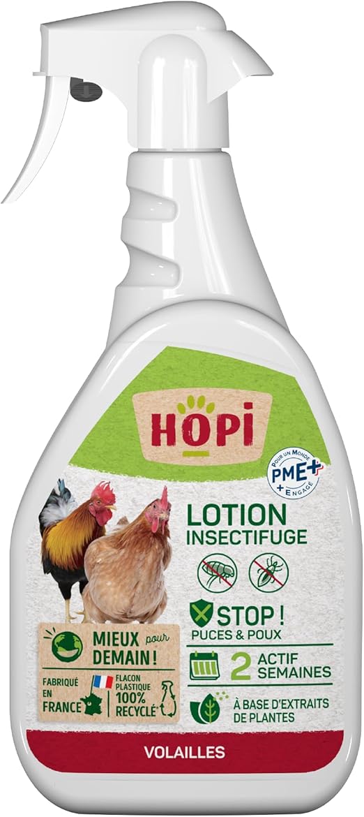 HOPI Lotion insectifuge Bassecour 500 ML - Conçue pour Les volailles (Poules, Poulets, Canards, oies, …) et Leur Environnement - Protection Anti parasitaire Tenue 1 à 2 semaines - Fabriqué en France
