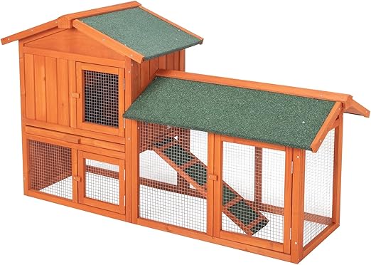 TactFire Poulailler Double Clapier à Lapin, Poulailler en Bois avec Pondoir et Perchoir Accueillant 2 Poules Poulailler, L156 x W52 x H68 cm, avec Un Toit Imperméable et Porte verrouillable
