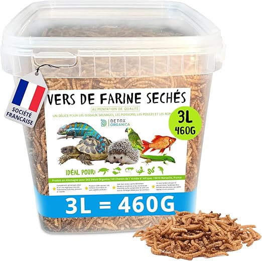 vers de Farine Séchés-460g=3000ml- Nourriture pour Poissons, Oiseaux Tortues, Hérissons, Rongeurs et Reptiles