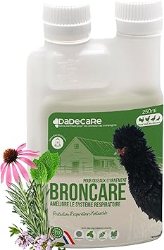 Broncare Respiratoire 250 ml avec ADEC - Poules, volailles de volaille et exotiques - Huiles essentielles, renforcement immunitaire et respiratoire - échinacée, menthe, thym et romarin
