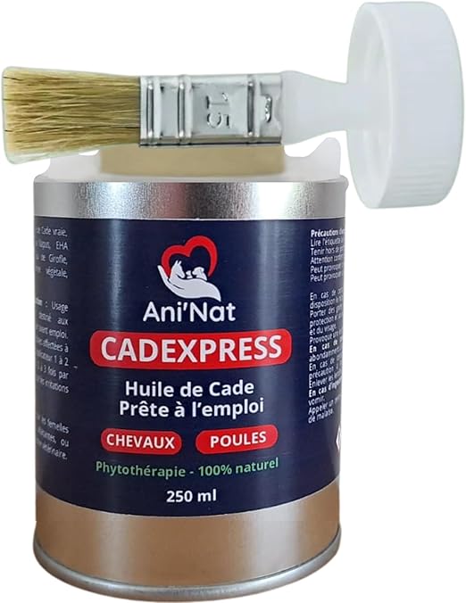 AniNat CADEXPRESS Huile de Cade prête à l'emploi - Pinceau APPLICATEUR vissé dans Le Bouchon - Soin des Pattes des Poules, Sabots Chevaux, Soles Ramollies, Dermite - Pot 250ml (250 ML)