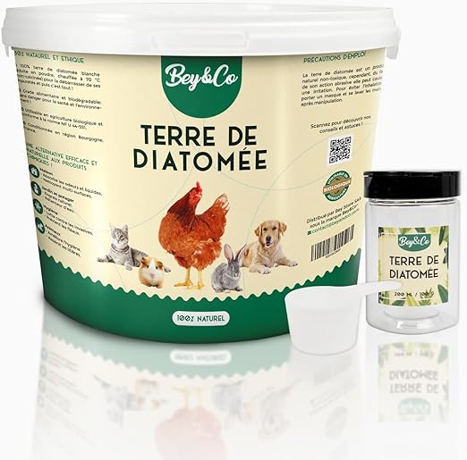 Bey&Co® Terre de Diatomée Alimentaire Blanche Non Calcinée | Hygiène Naturelle Chat, Chien, Poule, Maison, Jardin, Potager (1,5KG)