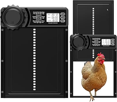 CHAMUTY Porte Poulailler Automatique Batterie avec Écran LCD Programmable Étanche, Porte Automatique Poulailler en Aluminium avec Minuterie, Fonction Anti-pincement, Ouvre-Porte Vertical, Noir