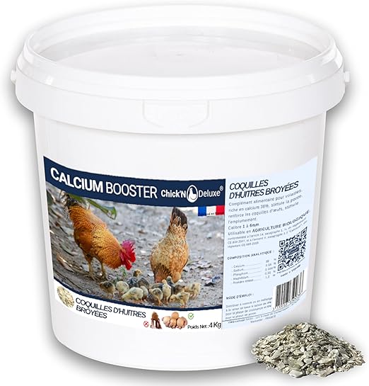 Chick'N Deluxe® Calcium Booster 4Kg. Coquille huitre Poules pondeuse. Produit minéral Naturel Riche en Calcium, stimule la Ponte, renforce la Coquille d'œuf.