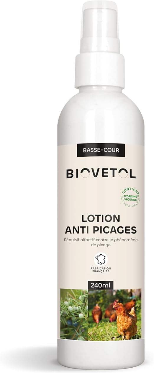 Biovetol - Lotion Anti picages pour l'animal - Formulé à partir d’Huile de Cade pour Animaux de Basse-Cour - 240 ML