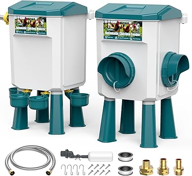 CHAMUTY Mangeoire Poules, Abreuvoir Poules Automatique 7 litres avec Pieds, Flotteur Filtré, Tuyau en Acier Inoxydable de 1,5 m, Distributeur Eau Poule Automatique, Mangeoire Poules Anti Nuisible
