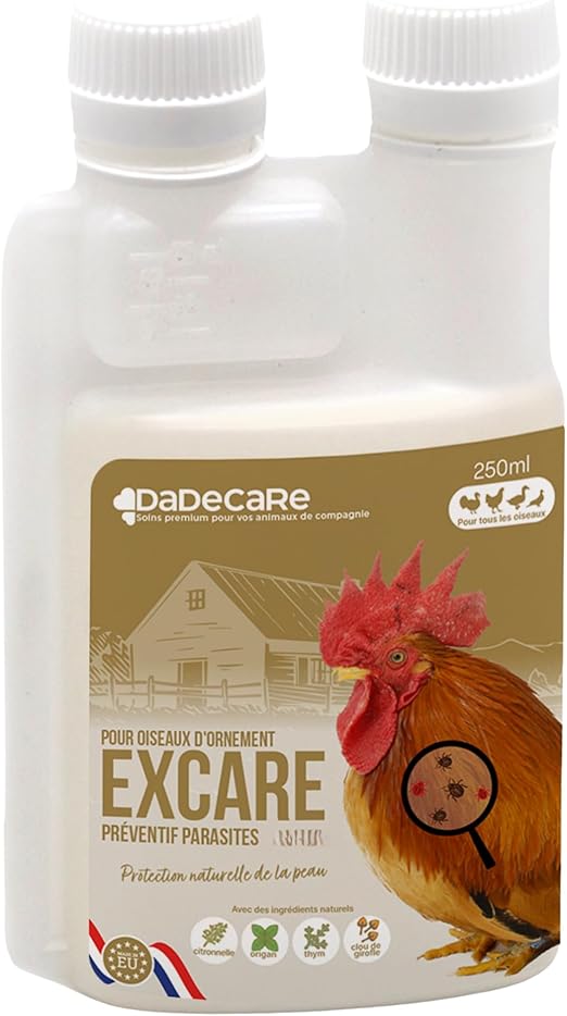 DADECARE Préventivo Parasites internes 250 ML - Poules, Volailles et Exotiques - Extrait de Citronnelle et de Clou de Girofle - Formule Naturelle - Excare
