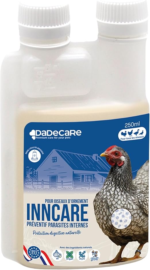 DADECARE Préventivo Parasites internes Naturel 250 ML - Poules, volailles et Exotiques - Prévient et traite Les problèmes digestifs - Formule Naturelle - Extrait d'ail et d'origan - Inncare