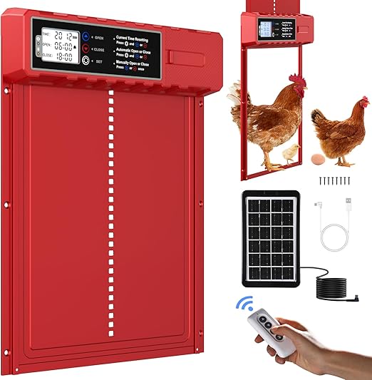 FabStyl Porte Automatique Poulailler Solaire Grande Taille 27.5x36cm avec Télécommande&USB-C Cable,Porte Poulailler Rouge en Aluminium Étanche,3 Modes,Affichage LED,Sécurité Anti-Pincement,Minuterie