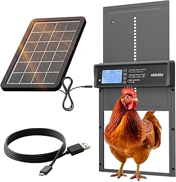 Okkobi Porte Automatique Poulailler Solaire - Ecran LCD - Télécommande, capteur de lumière et minuterie - Sécurité et tranquillité d'esprit : Fonction Anti-pincement - Protection 5 Ans