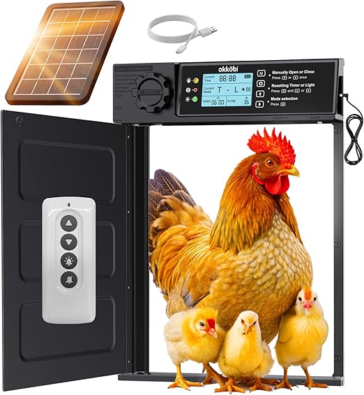 Okkobi Porte Automatique Poulailler Solaire - Pro Modèle - Télécommande, Capteur Lumière et Minuterie - Fonction Anti-pincement - Large Ouverture - Ecran LCD - Protection 5 Ans