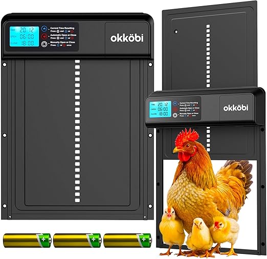 Porte de Poulailler Automatique Okköbi – Coop Door Lite – À Piles (3X AA incluses) – Mode Minuterie & Manuel – Écran LCD – Fonction Anti-pincement – Ouverture 28x24 cm