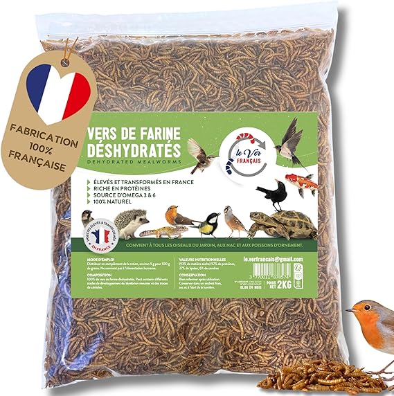 vers de Farine pour Poules, Oiseaux, Hamster, Reptiles - Séchés et Élevés en France - Riche en Protéines 55% - Nourriture Complément Alimentaire Animaux 100% Naturel (2kg)