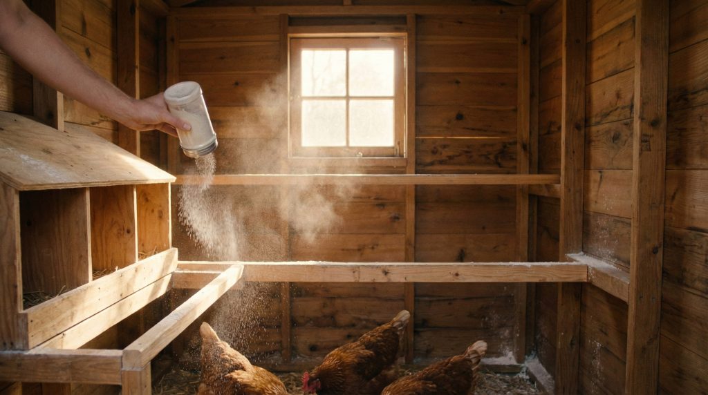 Application de terre de diatomée naturelle sur les perchoirs d'un poulailler en bois pour éradiquer les poux rouges.