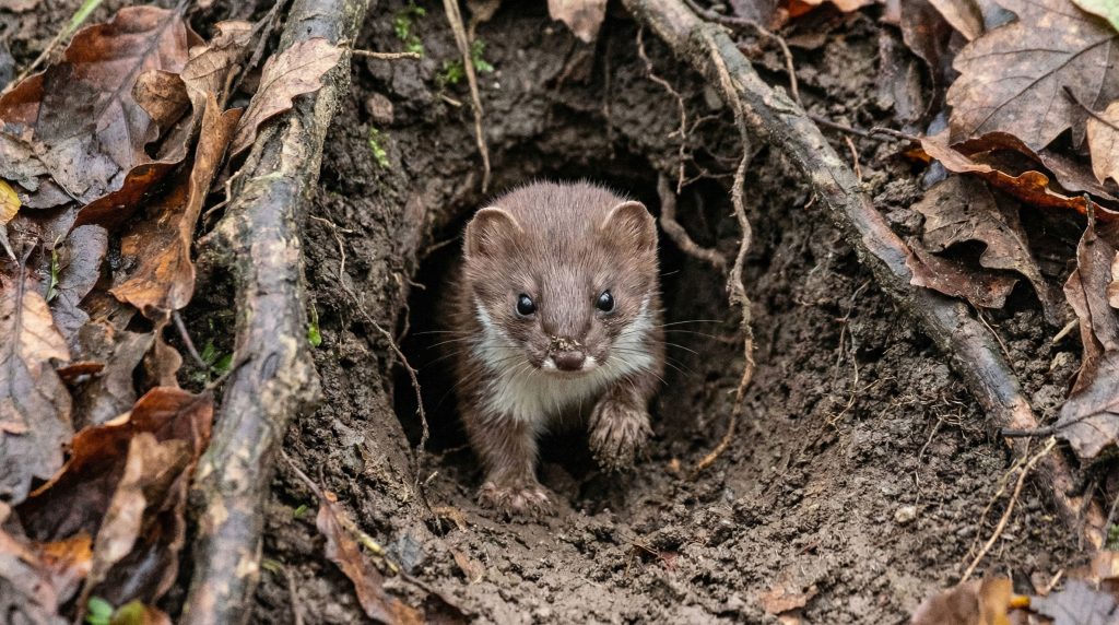 Belette émergeant d'une galerie de campagnol dans la terre