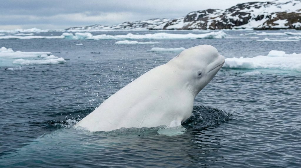 Béluga blanc tournant la tête hors de l'eau glacée de l'Arctique, montrant son cou flexible et son melon
