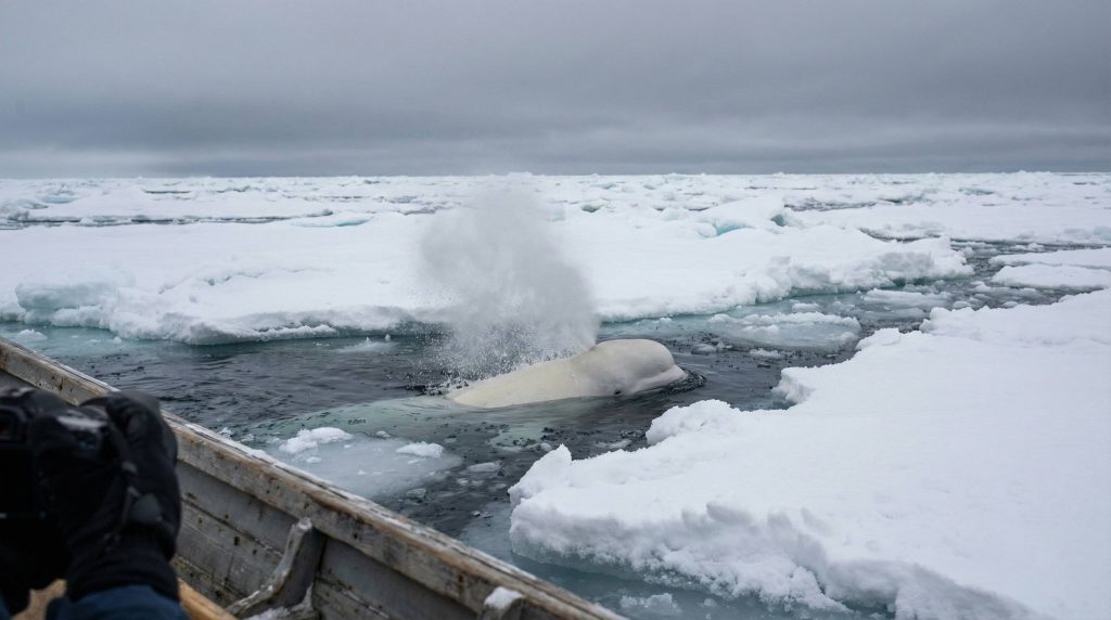 Béluga soufflant à la surface de l'eau au milieu de la banquise épaisse en Arctique.