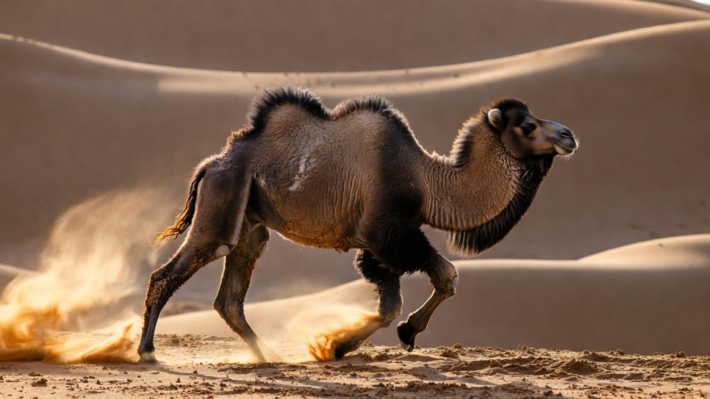 Chameau sauvage courant sur une dune du désert de Gobi