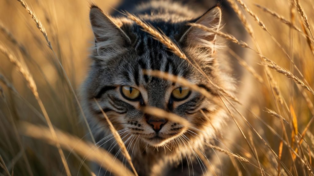 Chat domestique tigré en posture de chasse dans les hautes herbes