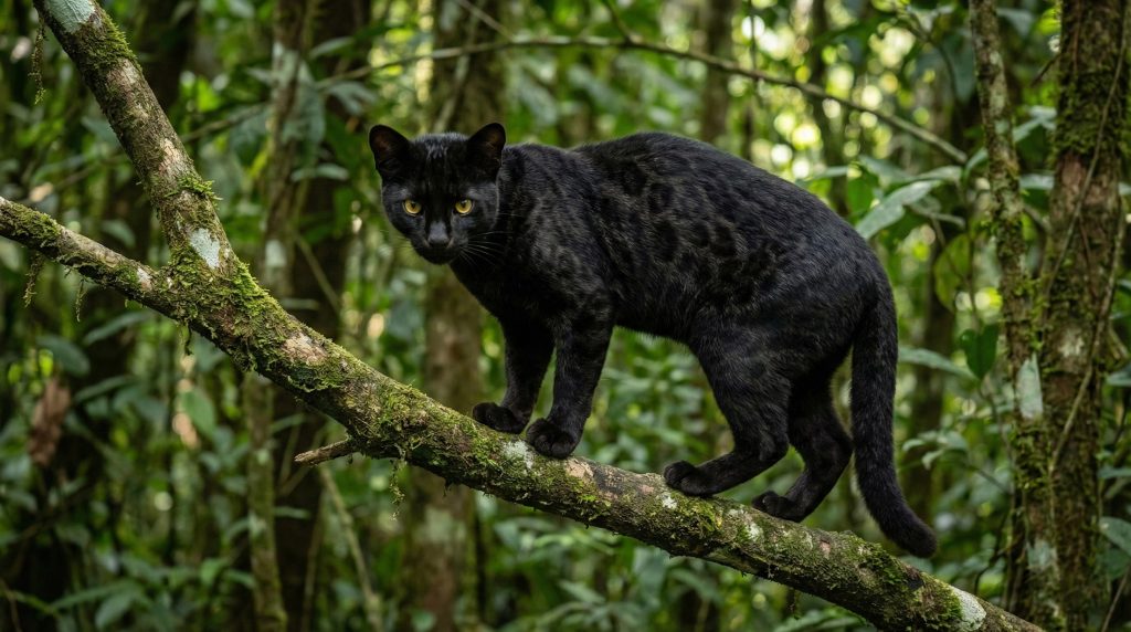 Chat de Geoffroy de forme mélanique (pelage noir) perché dans un arbre