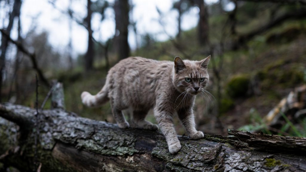 Chat haret (ensauvagé) se déplaçant en lisière de forêt