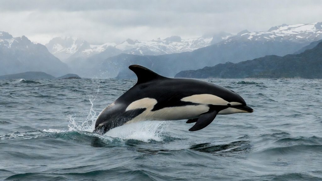 Dauphin de Commerson sautant hors de l'eau en Patagonie
