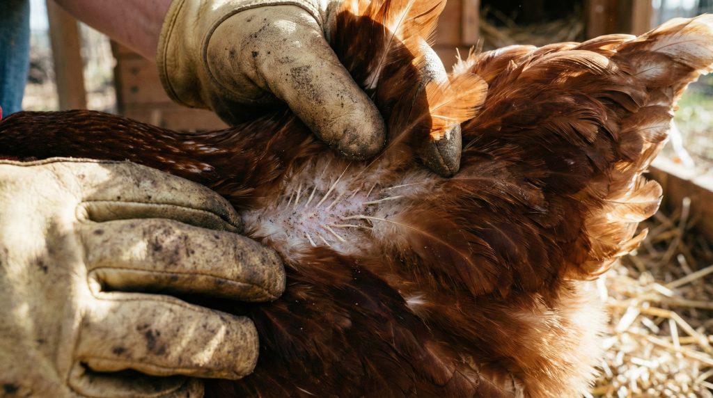 Éleveur inspectant les plumes d'une poule rousse pour détecter la présence de poux broyeurs ou poux rouges