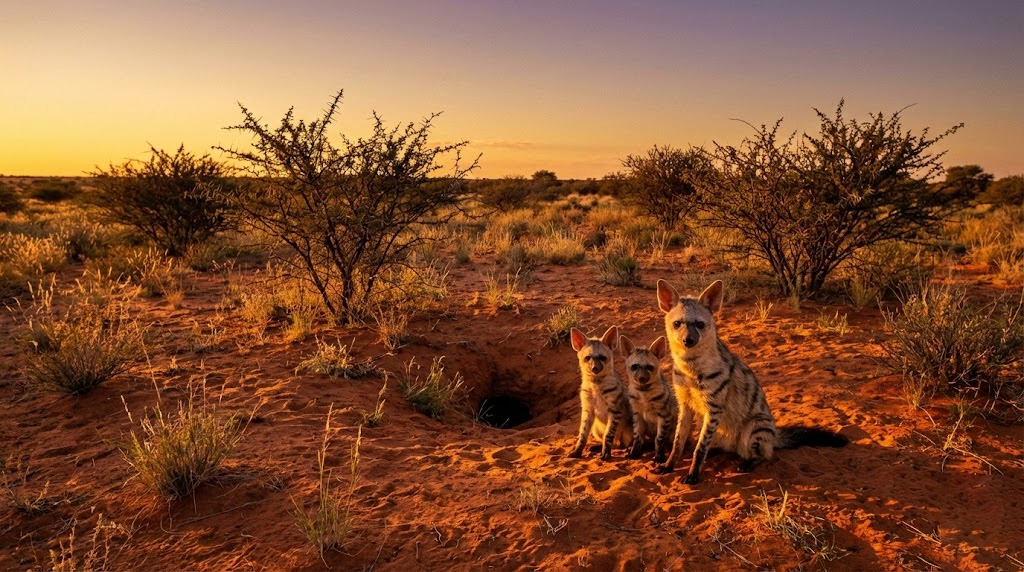 Famille de protèles devant leur terrier dans le désert du Kalahari