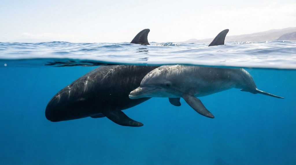 Fausse orque nageant aux côtés d'un Grand dauphin