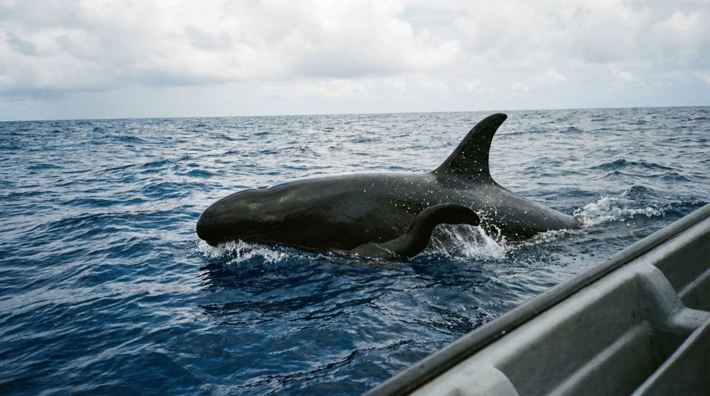 Fausse orque à la surface montrant son aileron et sa nageoire pectorale en forme de coude.
