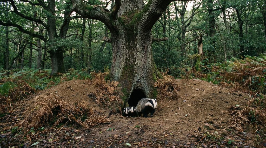 Femelle blaireau et ses petits sortant de leur terrier (blaireautière) au crépuscule