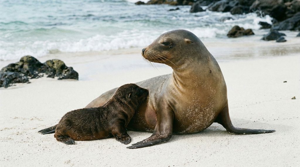 Femelle otarie des Galápagos allaitant son petit sur une plage