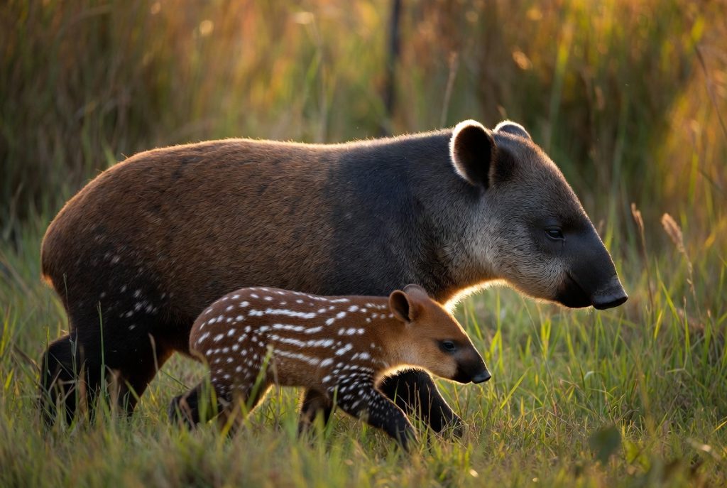 Femelle tapir accompagnée de son petit au pelage rayé