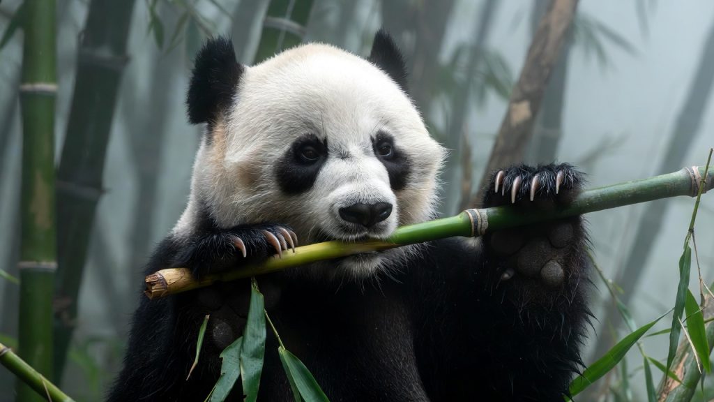 Gros plan sur la patte d'un panda géant montrant le faux pouce saisissant un bambou.