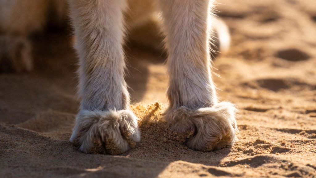 Gros plan sur les pattes poilues d'un fennec sur le sable.