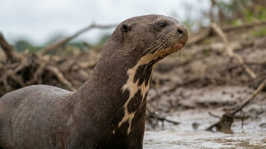 Gros plan sur la tache de gorge crème caractéristique d'une loutre géante d'Amazonie.