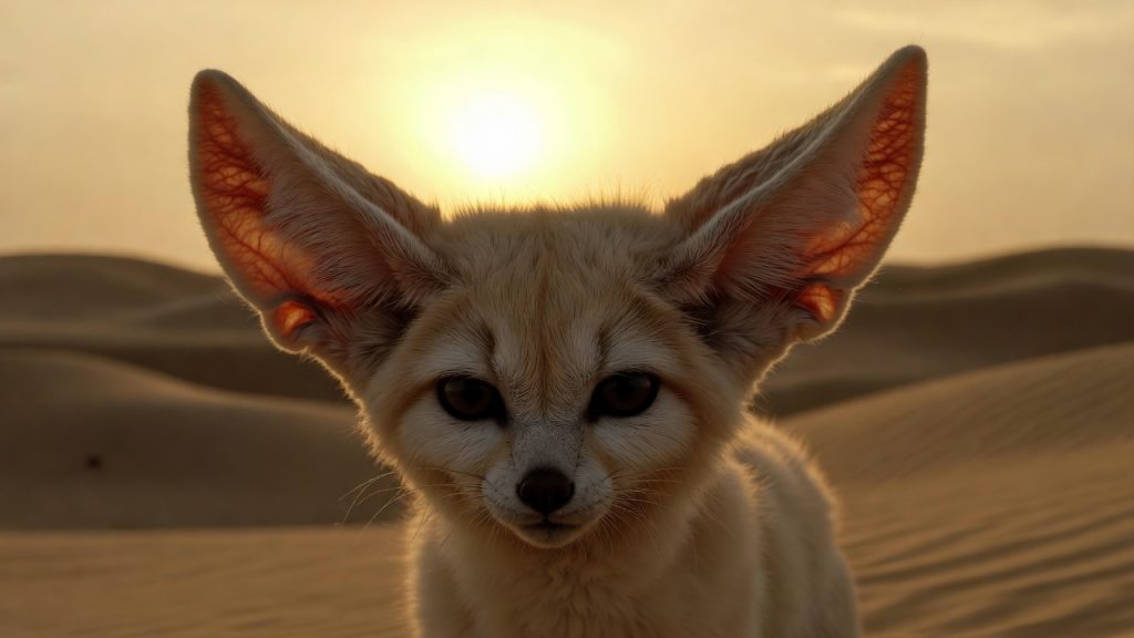 Gros plan sur la tête d'un fennec et ses grandes oreilles dans le désert.