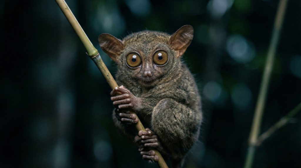 Gros plan sur les yeux gigantesques du Tarsier spectre dans la nuit