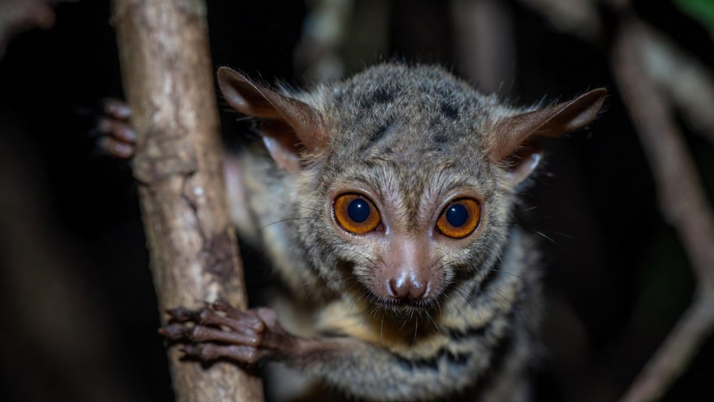 Gros plan sur les yeux immenses d'un Tarsier de Diana la nuit