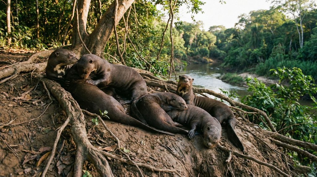 Groupe familial de loutres géantes se reposant sur une berge boueuse du Pantanal.